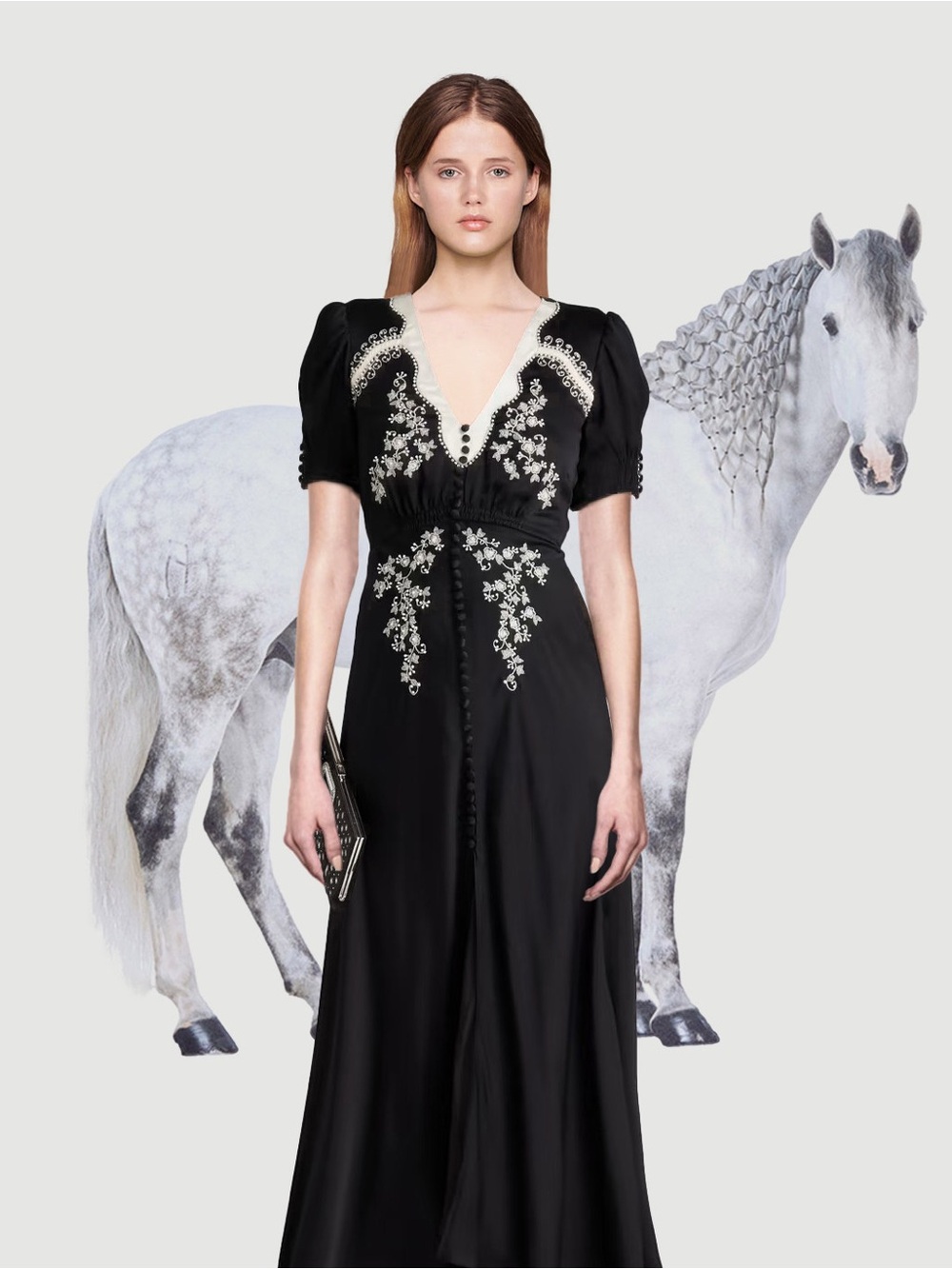 Black Embroidered Floral Midi Dress | Contrast Lace V-Neck | Puff Sleeve Size S
